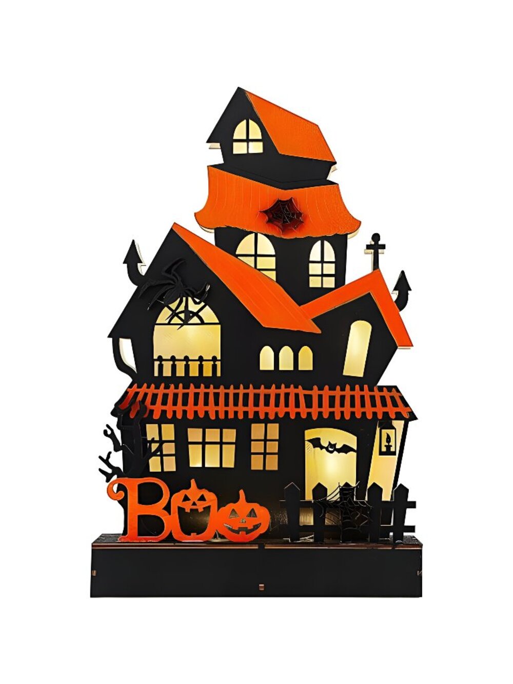 Wooden Lighted Boo Haunted House Decoration, Battery Operated Halloween Sign